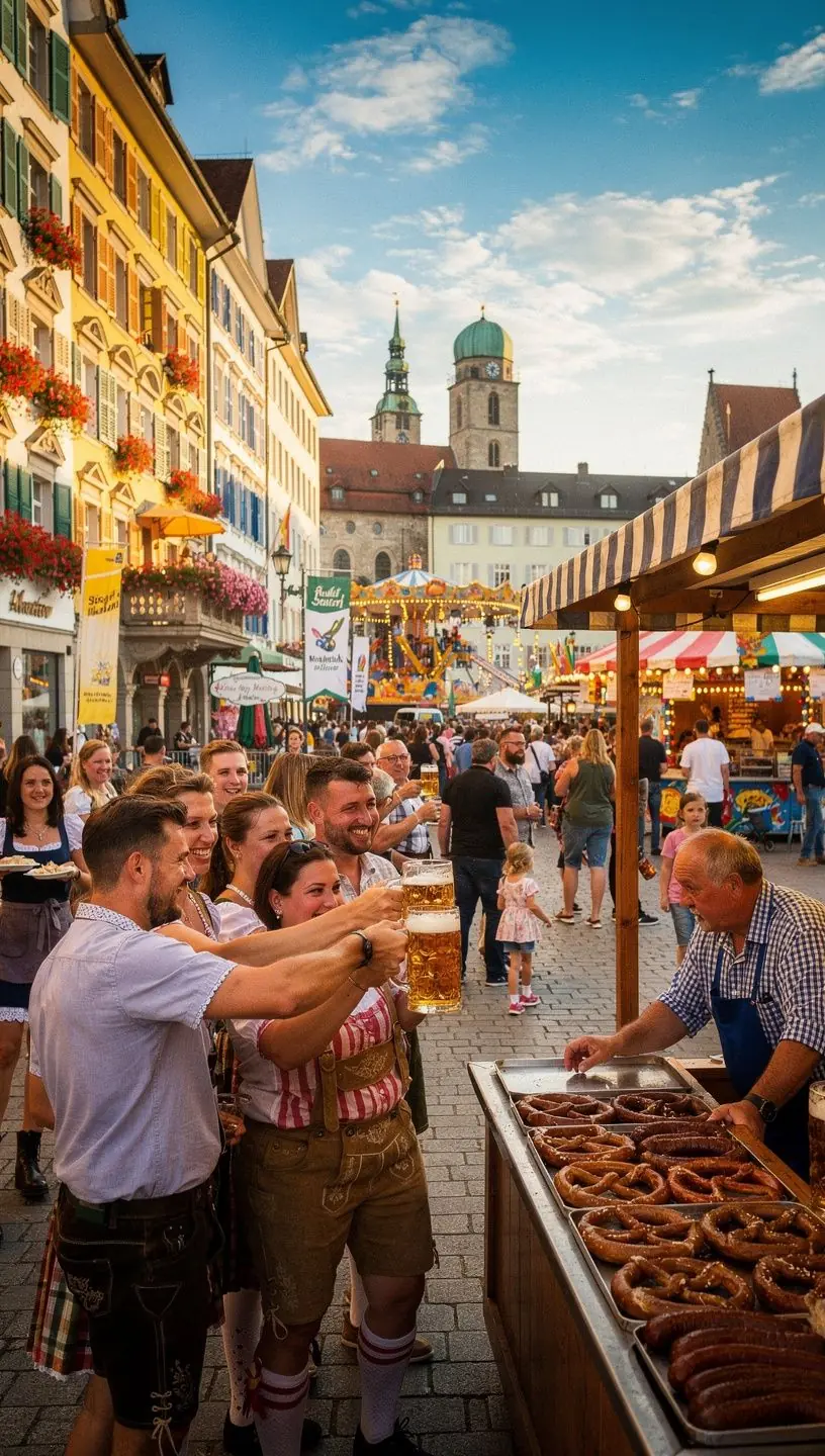 Reisegruppe mit Koffern und Rucksäcken, die von einem Reiseleiter vor einem Hotel begrüßt wird.