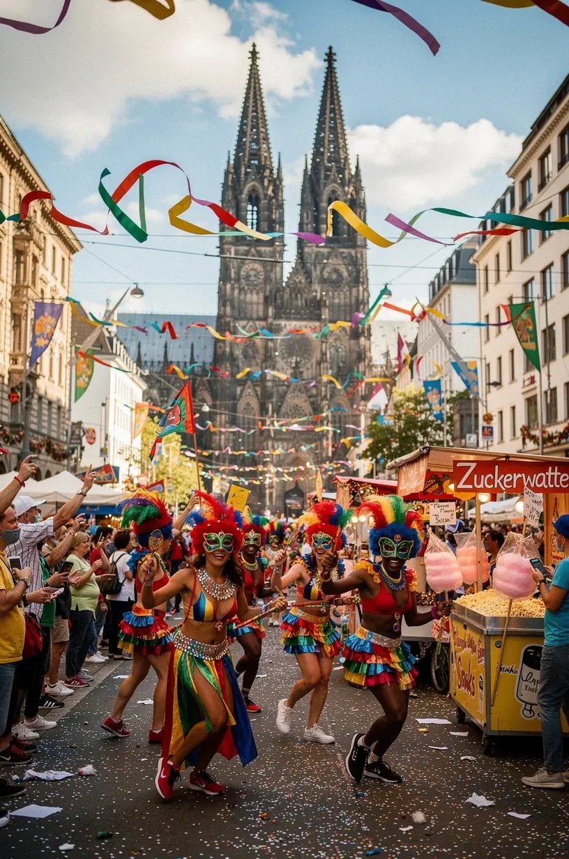 Organisierte Logistikfahrzeuge verladen Gepäck und Festivalausrüstung für eine Reisegruppe.