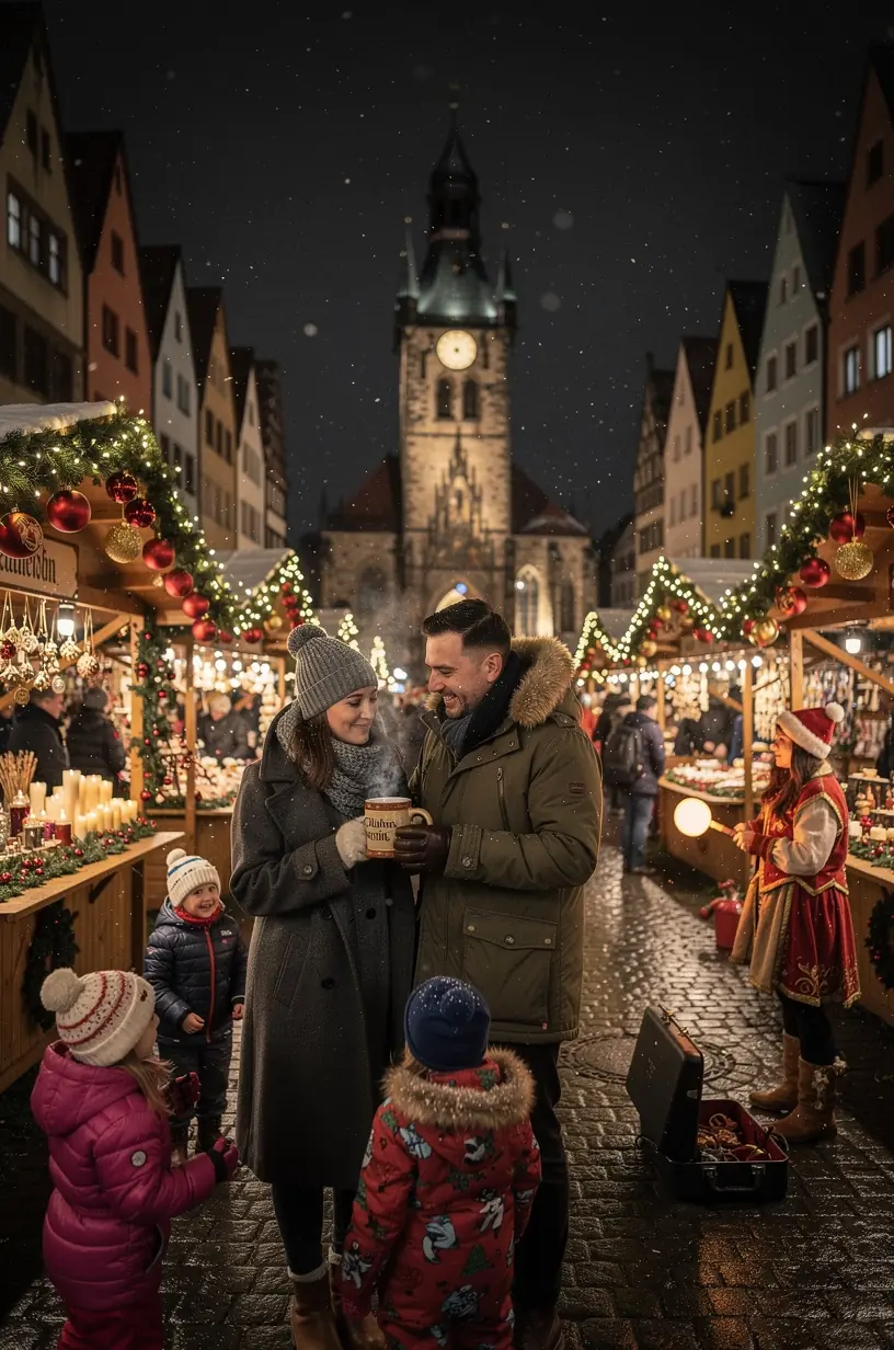 Traditionelle deutsche Architektur im Hintergrund eines Festivalgeländes mit Menschenmengen.